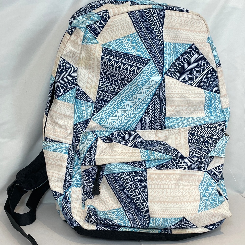 Blue and pink patterned backpack